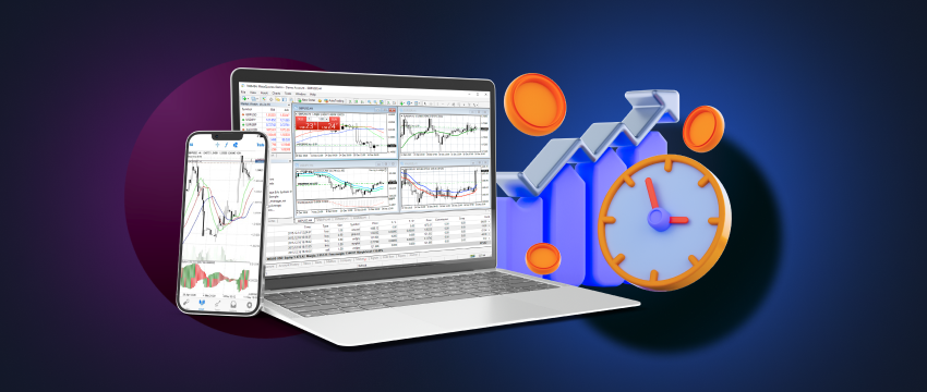 A laptop and a mobile device featuring forex data, a chart, and a clock, highlighting the significance of patience.