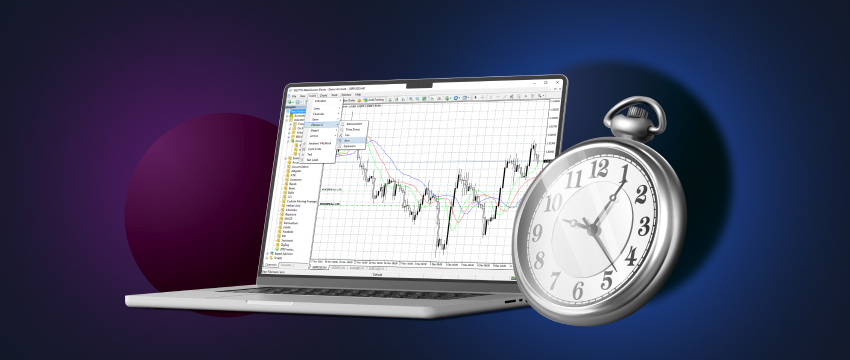A laptop displaying forex data with a clock beside it, emphasizing the virtue of patience in trading