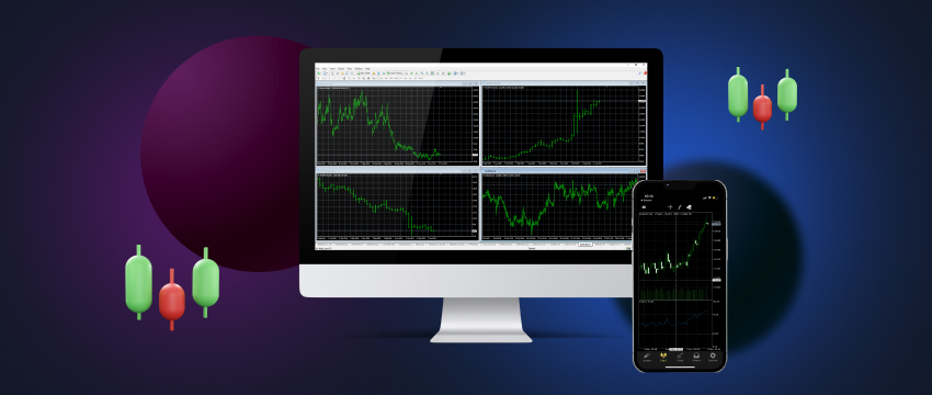 mobile device and a laptop simultaneously presenting forex data, candlestick charts, and essential technical indicators for analysis.