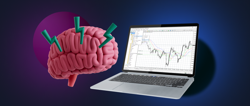 A laptop displaying forex data with a brain icon beside it, emphasizing the role of trading psychology.