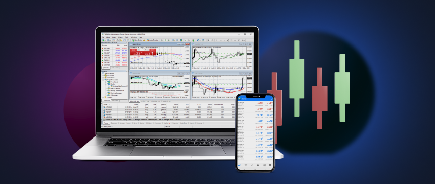 A laptop and a mobile device featuring forex data, candlestick charts, and emphasizing the importance of trading psychology.