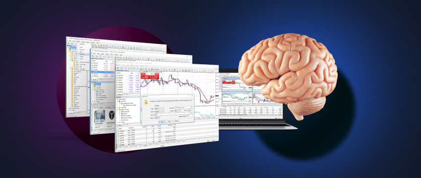 A laptop with multiple screens and a brain symbolizing the significance of trading psychology.