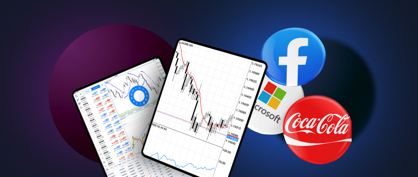 Two tablets running MT4 with Facebook, Coca-Cola, and Microsoft signs, symbolizing CFD trading in these stocks.