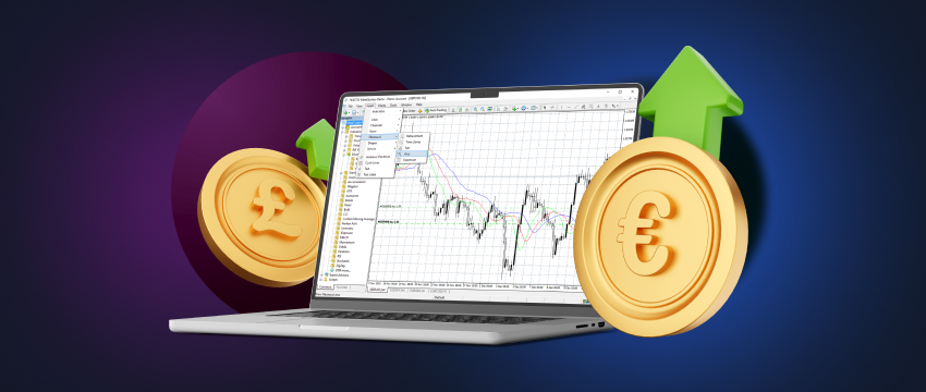 A laptop screen showcasing live Forex data flanked by Pound and Euro coins, symbolizing currency pairs