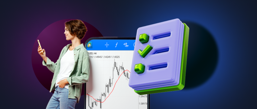 A woman event trader stands in front of a chart and holds a news events checklist. She is looking at the chart with a focused expression