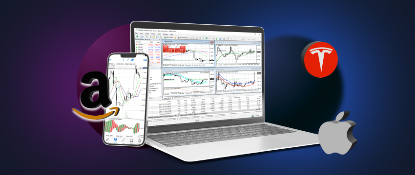 Laptop computer, phone, and Apple logo and Tesla with the text "T". Start trading shares