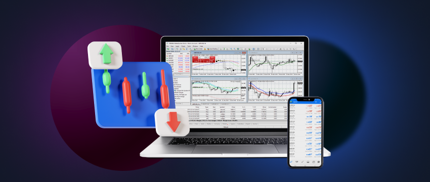 A stock chart, line chart, and pie chart displayed on a laptop computer, mobile phone, and tablet, respectively.