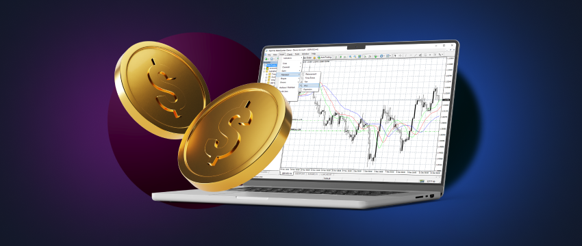 Laptop with gold coin and chart, symbolizing forex trading and money management on PC