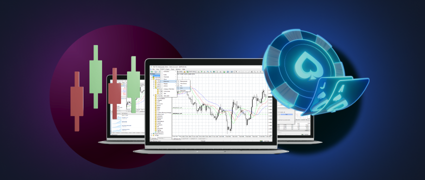 A laptop and computer screen displaying a casino chip. Relevant to forex, CFD trading, MT4, and gambling.