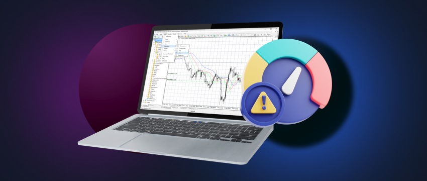 Laptop displaying forex chart on blue background, highlighting market trends and potential risks. MT4 platform and warnings included.