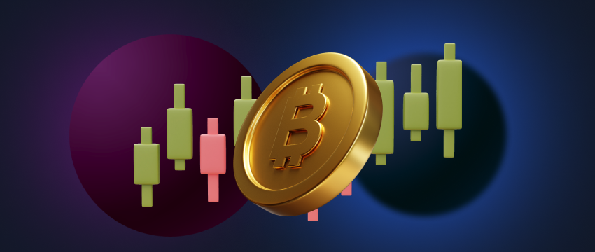 Bitcoin price chart with candlesticks and arrows, displaying the fluctuating value of the cryptocurrency