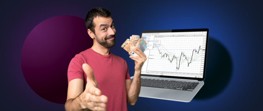 A successful trader holds a dollar bill in front of a laptop screen, symbolizing financial success in the world of MT4 trading.