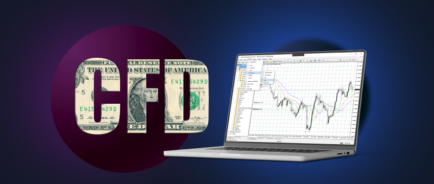 A sleek laptop displaying a trading platform with CFD and MT4 charts