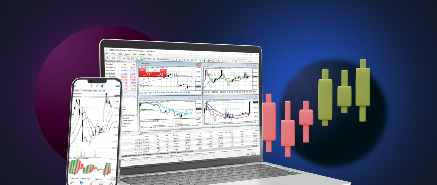 MT4 screenshot with forex charts, pairs from mobile and laptot