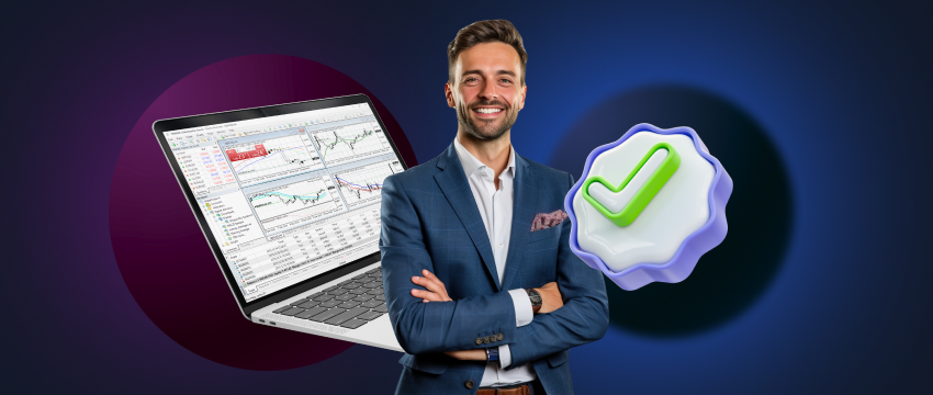 A man in a suit standing next to a laptop with a check mark, symbolizing successful trading strategies in MetaTrader 4.