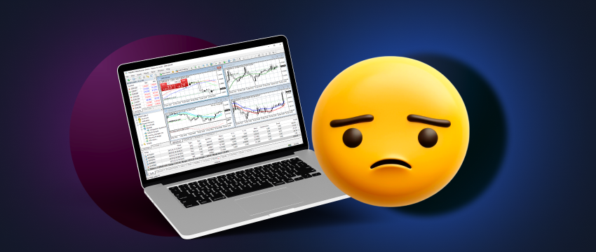 A sad Emoji next to a laptop that shows mt4 , emotions in trading