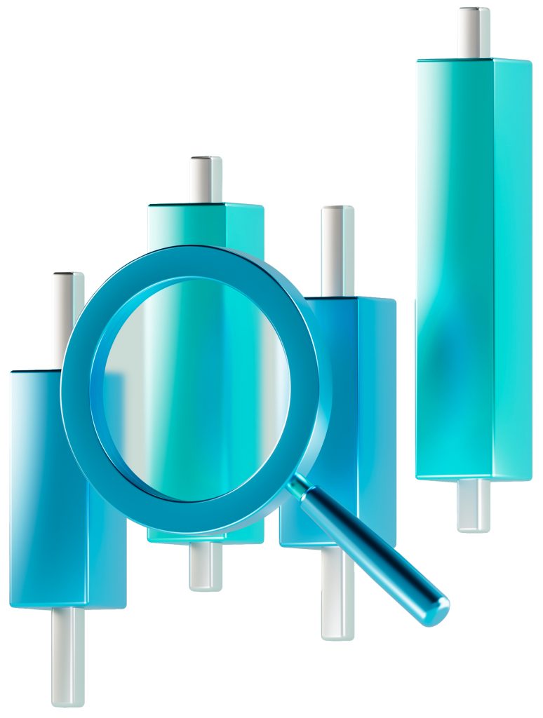 A magnifying glass adjacent to a blue bar, representing detailed examination in swing trading techniques.