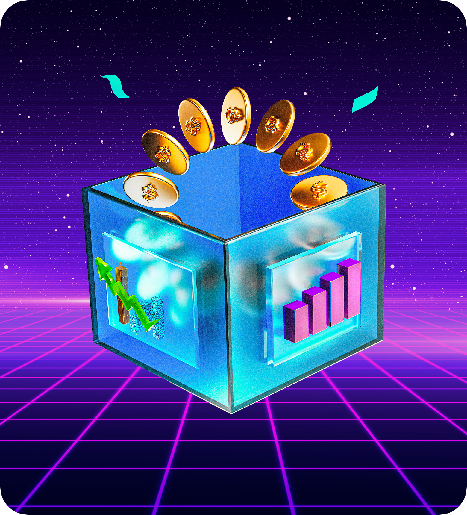 A box containing coins alongside graphs, representing the investment approach of position traders.