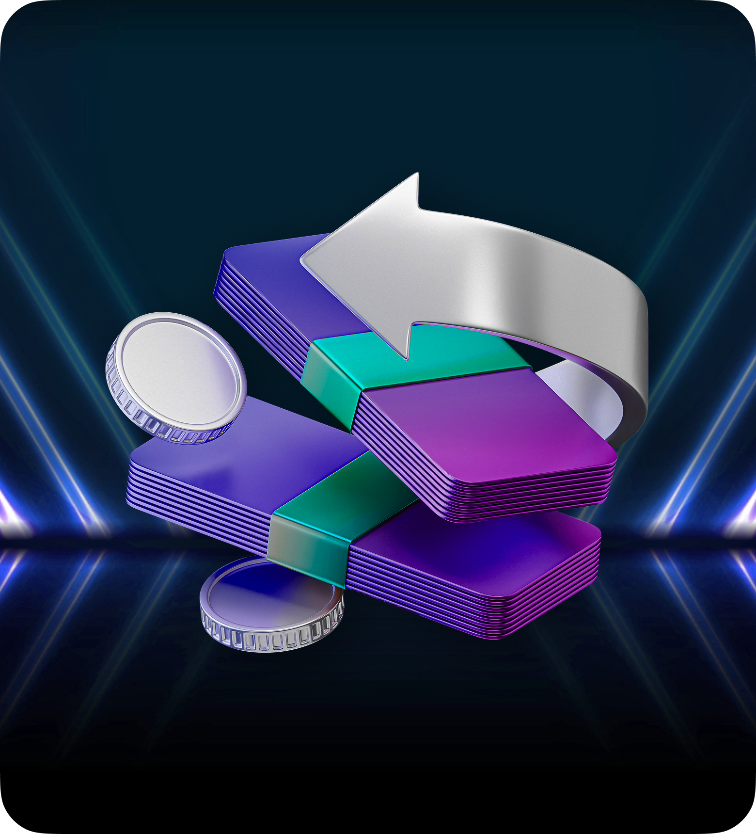 A visually striking stack of purple and blue coins accompanied by an arrow, representing swing trading success.
