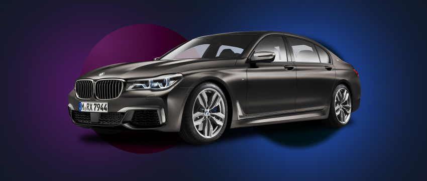 This illustration features a black BMW 7 Series EV, emphasizing its luxurious design and advanced automotive technology