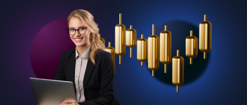 A woman wearing glasses and a suit smiles while holding a laptop, focused on forex and gold chart analysis for trading.
