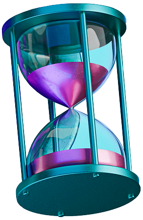 Un sablier bleu et violet rempli de sable rose, symbolisant le passage du temps dans le trading de forex.
