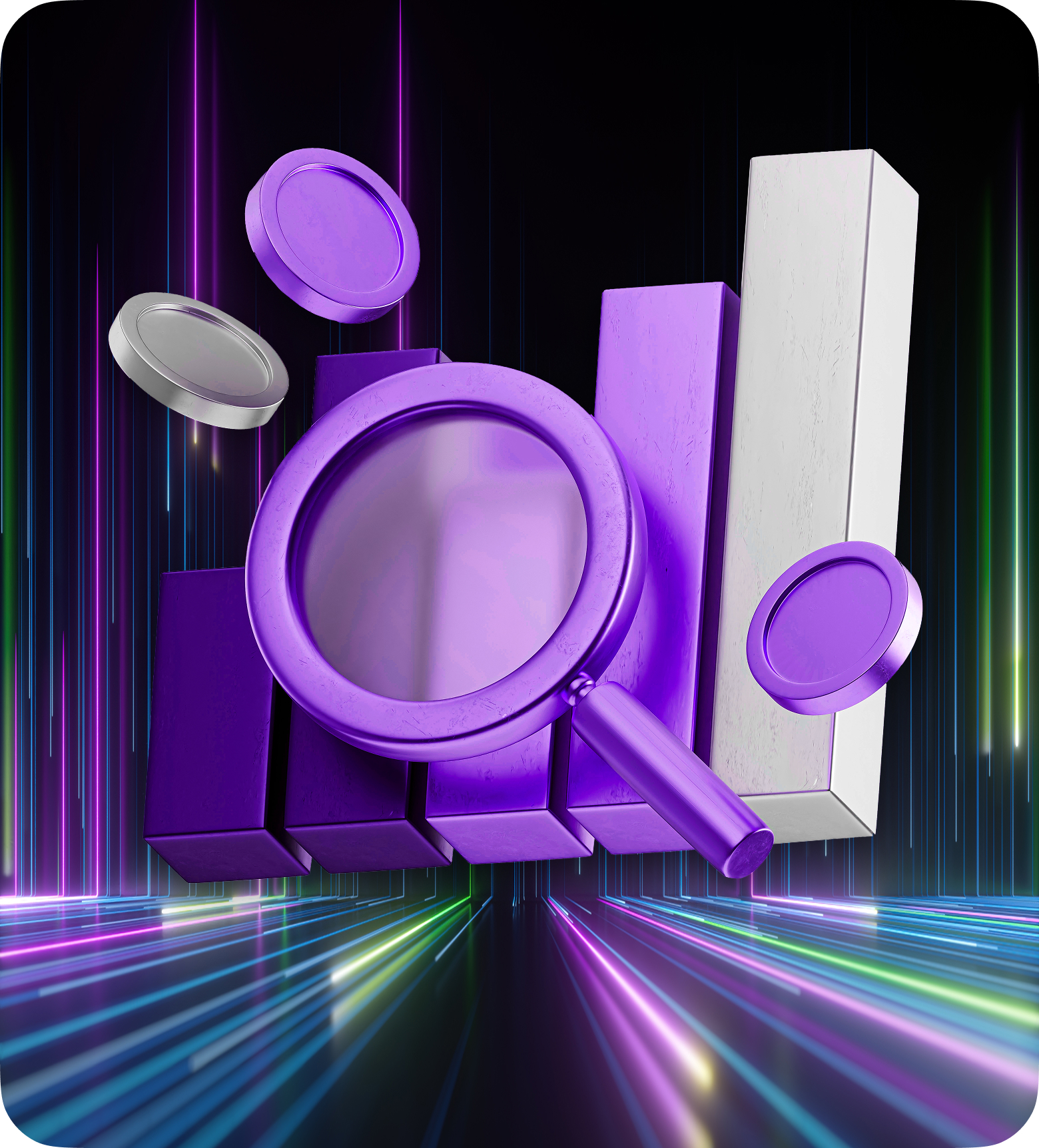 Un logo violet et noir avec une loupe, symbolisant l'analyse dans le trading de forex.