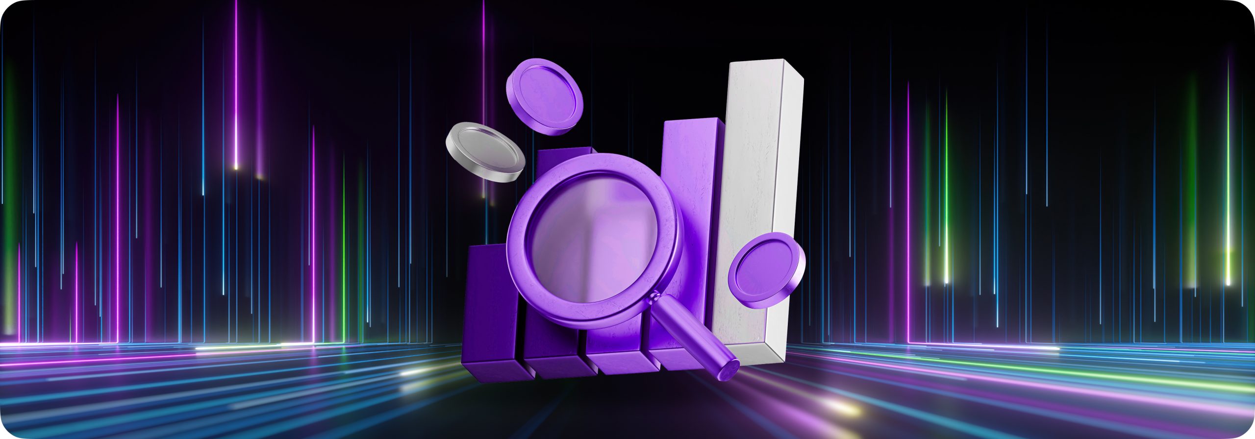 Un logo violet et noir avec une loupe, symbolisant l'analyse dans le trading de forex.