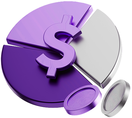 Un graphique en secteur violet avec un signe de dollar, symbolisant l'analyse financière dans le trading de forex.