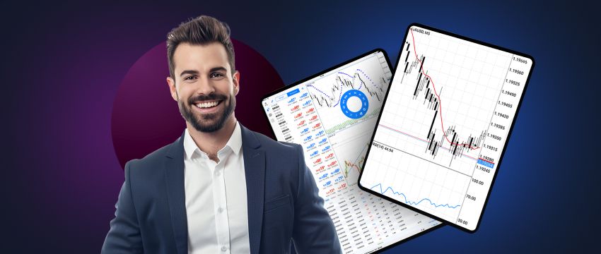 A man trader in a suit holds a tablet displaying live trading charts on a trading platform.