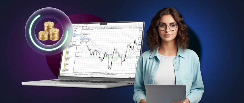 A woman trader proudly holds a laptop featuring a gold coin, representing her success in trading with MetaTrader 4.