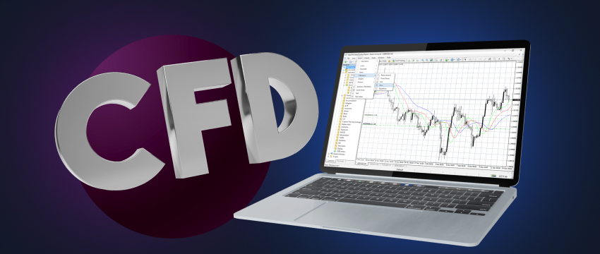 A laptop displaying the MetaTrader CFD platform, illustrating forex trading analysis and strategies.