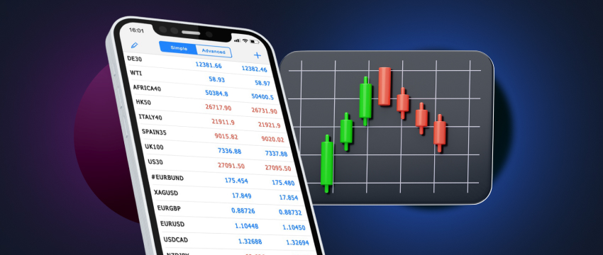 Close-up of an iPhone screen showing a forex trading app (MetaTrader 4) with live currency pairs and market data.