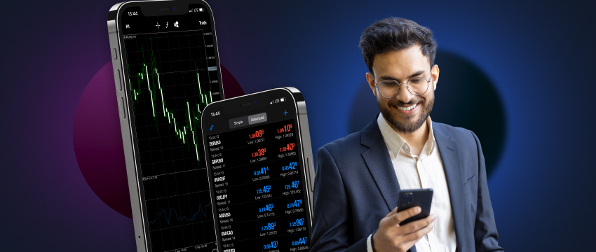 A suited man, trader, examines a smartphone with a trading app, representing mobile trading and financial analysis in brokerage.