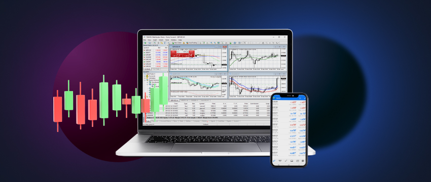 A laptop and phone showing forex trading charts and analysis on MT4 platform.