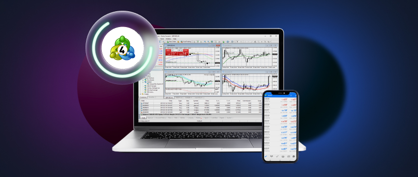 Forex trading software interface displayed on a laptop and mobile device, designed for beginners using MT4 platform.