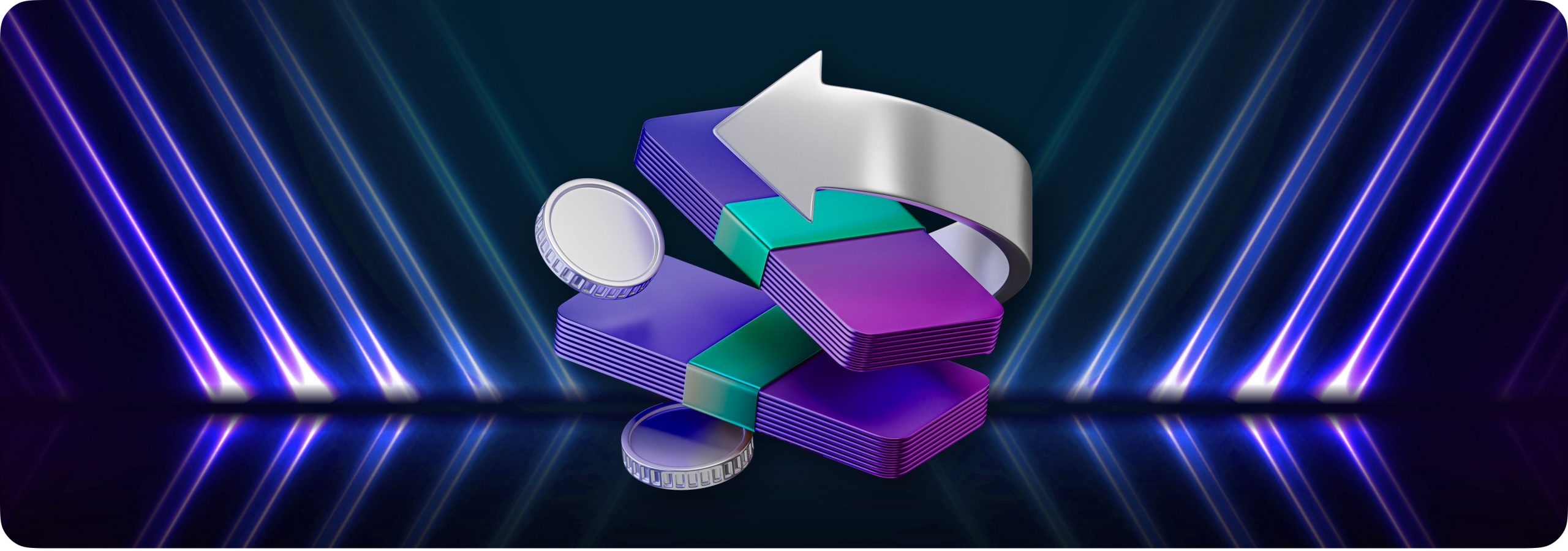 Een paars en blauw logo met een witte pijl, symboliseert de dynamische beweging in swing trading strategieën.