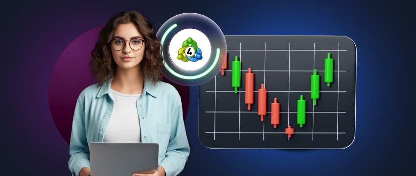 A woman holds a laptop displaying an upward arrow chart, symbolizing success in trading on the MetaTrader 4 platform.