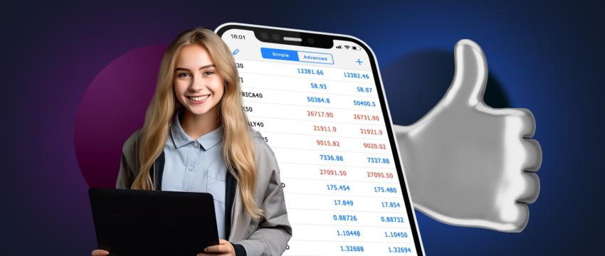 A woman holds a phone displaying a thumbs up, symbolizing success in mobile trading on the MetaTrader 4 platform.