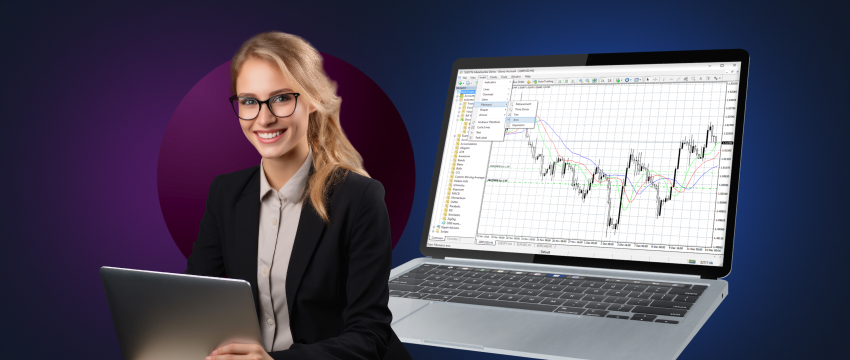 A woman in glasses and a suit holds a laptop displaying a chart, representing a forex trader using MetaTrader 4.