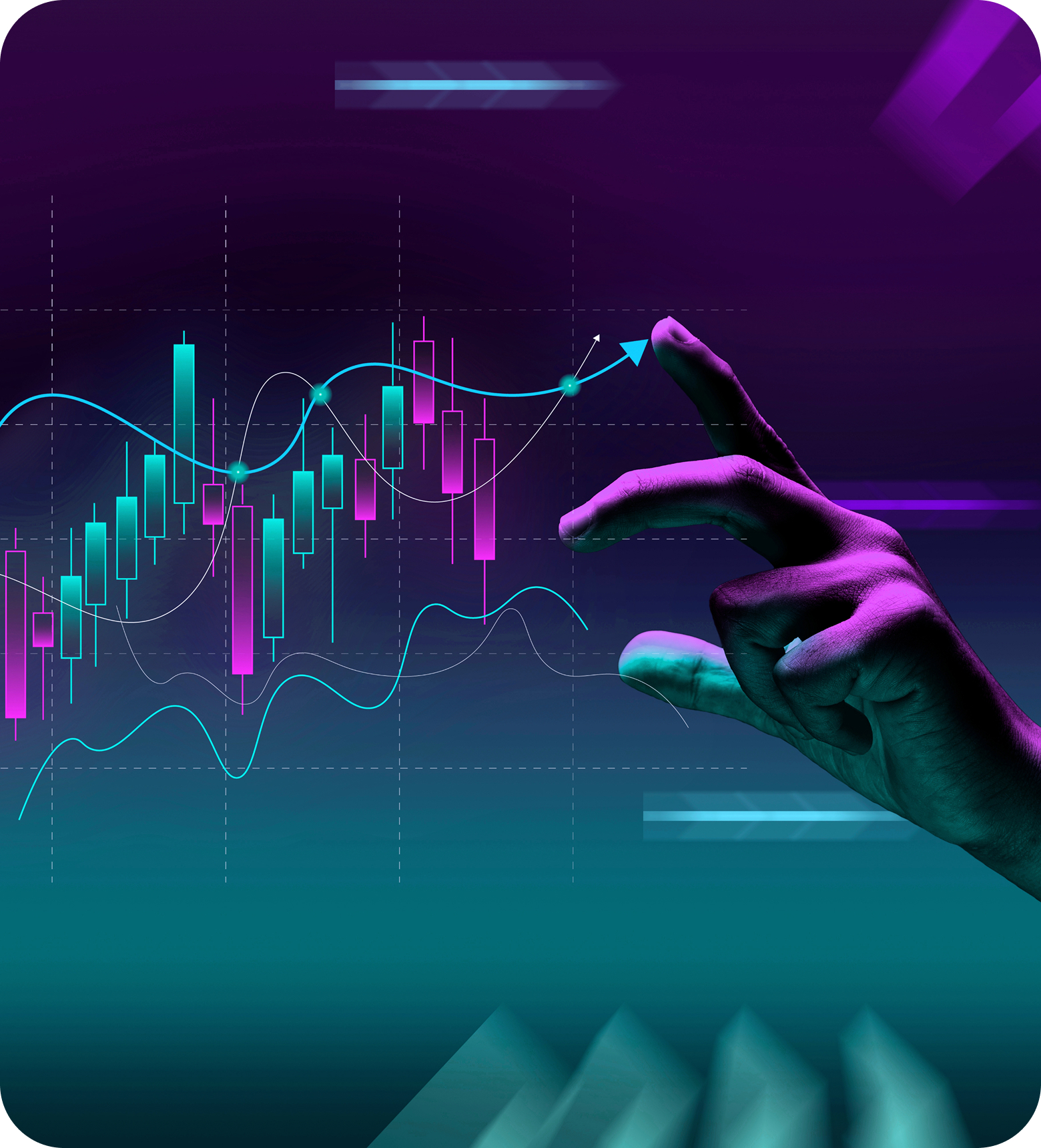إيماءة يد تشير إلى مخطط تداول السوينغ على خلفية بنفسجية لافتة للنظر، مع إبراز الحركات الرئيسية للسوق والبيانات.