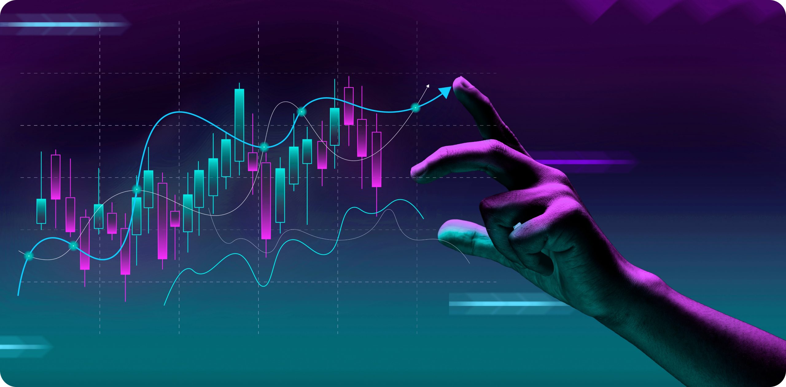 إيماءة يد تشير إلى مخطط تداول السوينغ على خلفية بنفسجية لافتة للنظر، مع إبراز الحركات الرئيسية للسوق والبيانات.