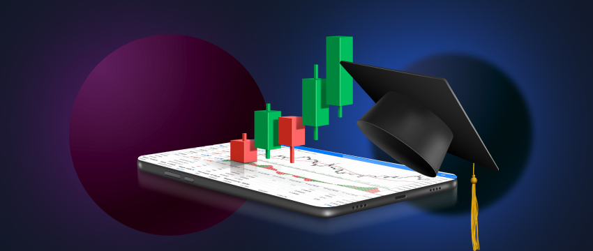 Un smartphone avec une casquette et une toge de fin d'études, représentant la réussite dans l'apprentissage du trading sur le marché des changes.