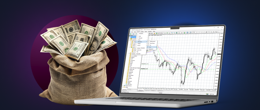 Scène de trading forex avec un ordinateur portable et de l'argent, démontrant l'utilisation de MetaTrader 4 pour le trading en ligne.