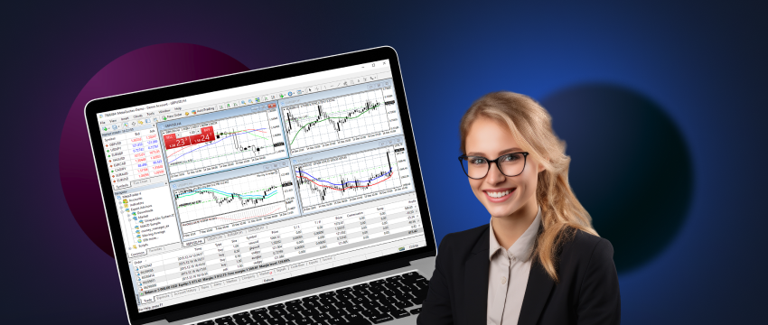 Una mujer con gafas se concentra en un portátil que muestra un gráfico de trading, realizando un análisis del mercado de divisas.