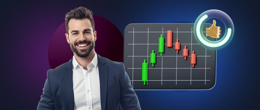 A man trader in a suit smiles while displaying a forex chart, representing success in day trading.