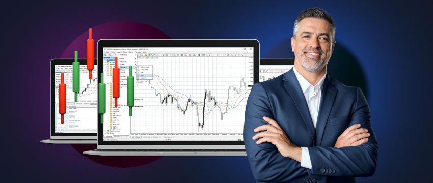 A suited man analyzes trading charts on a laptop, engaged in day trading activities.