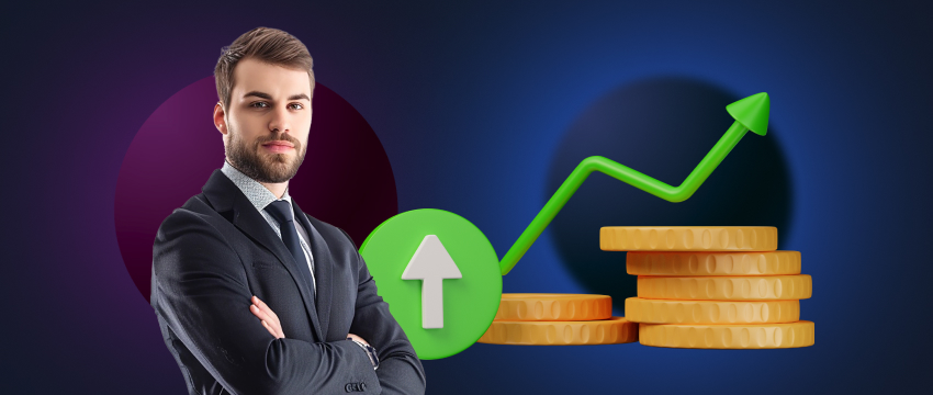 A man in a suit analyzes forex charts on a computer, surrounded by stacks of coins and an upward trend arrow.