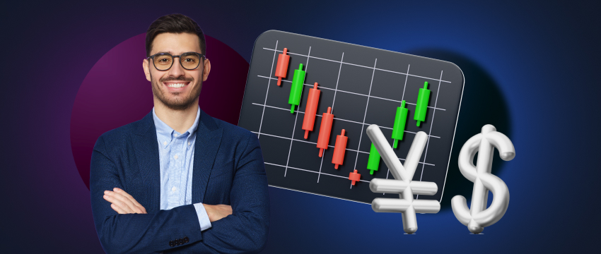 A man in a suit poses in front of a chart with dollar signs, highlighting forex trading fundamentals for the dollar-yen platform.