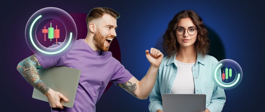 A man and a woman with laptops are encircled, focused on forex charts and discussing fundamental traders sentiment.